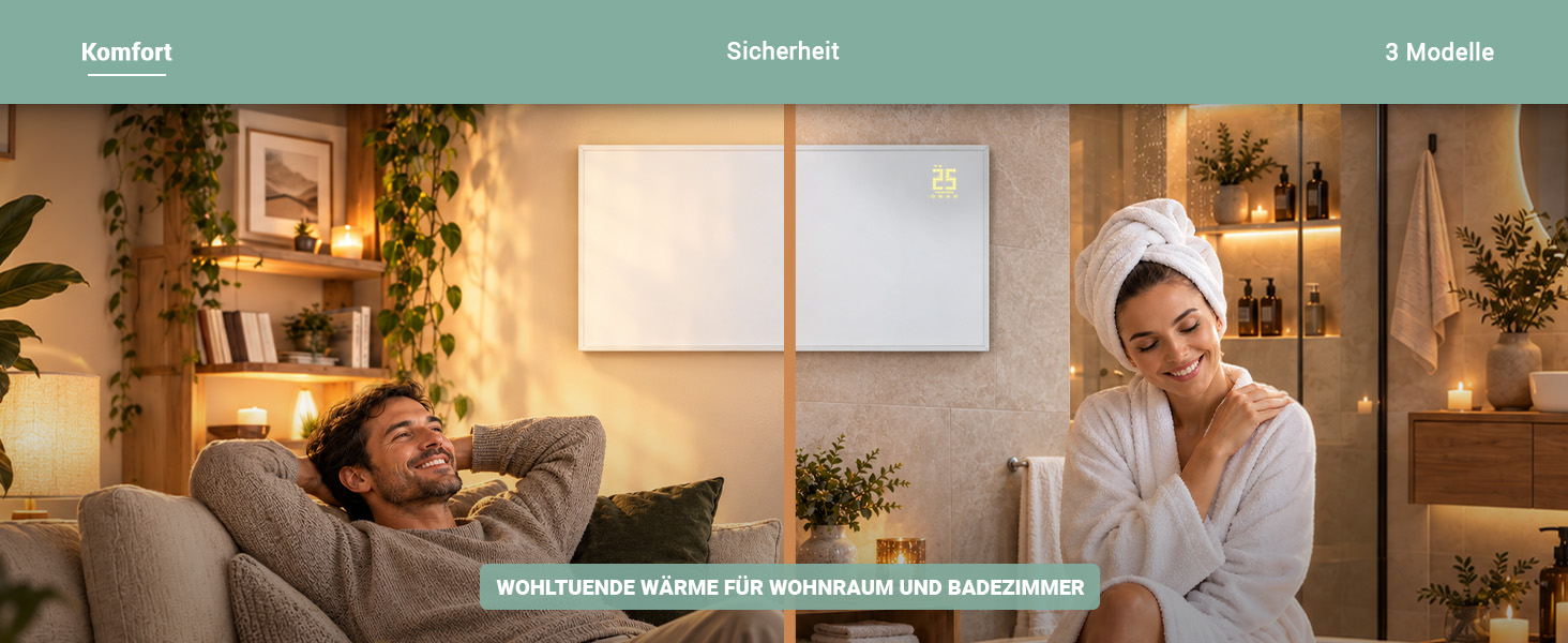 Heidenfeld Infrarotheizung HF-HP140 – Wohlfühlwärme für jeden Raum Heidenfeld Infrarotheizung HF-HP140 im Wohnraum und Badezimmer für angenehme Wärme und vielseitigen Einsatz.